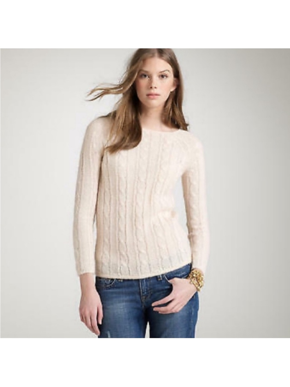 J. Crew Cream Cable-Front Mohair Blend Crewneck Sweater